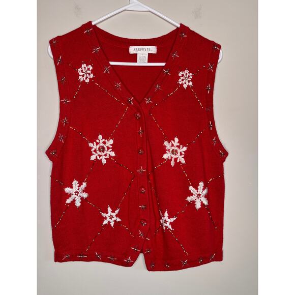 2000s Arriviste Red Gold White Christmas Snowflakes Glam Sparkle Sweater Vest L - Picture 1 of 3
